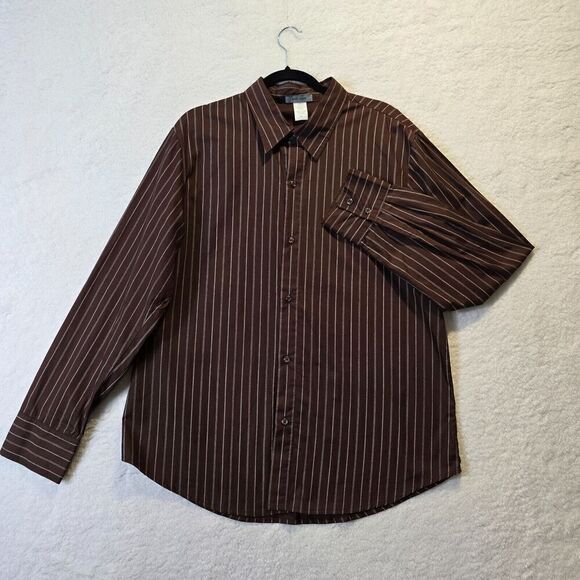 Mens Dress Casual Button Down Shirt Sz 2XL Brown White Striped Preppy Academia - Picture 2 of 7
